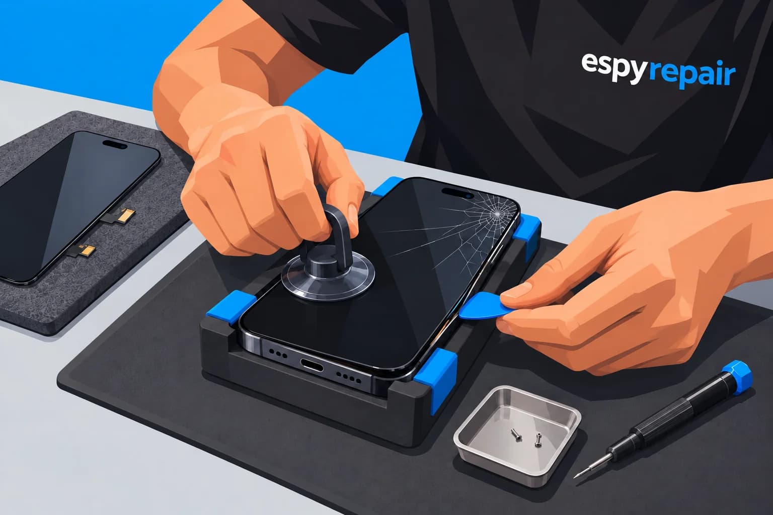 Illustration of a technician lifting a cracked iPhone screen with repair tools.