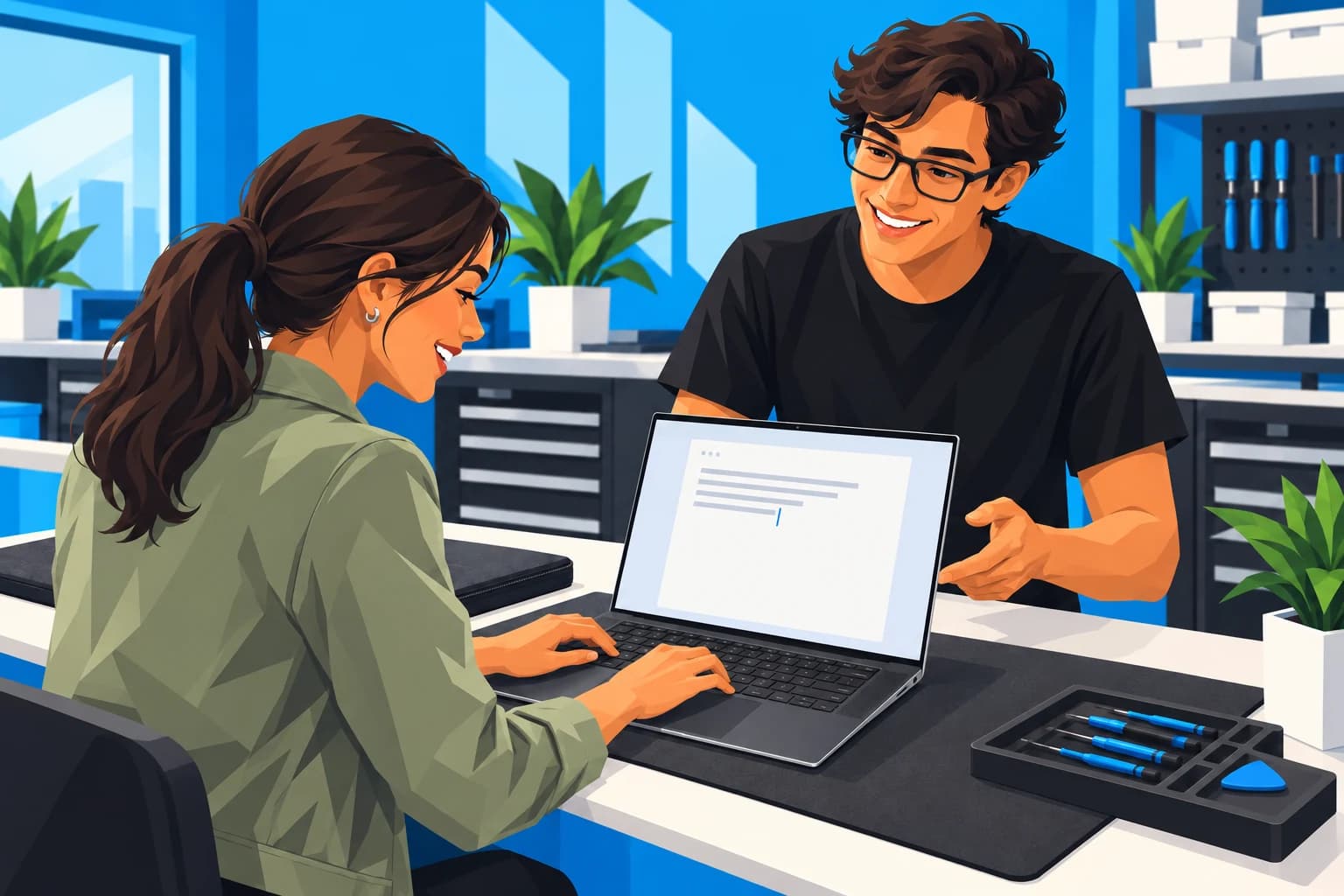 Illustration of a customer testing a laptop with an Espy Repair technician at the service counter.