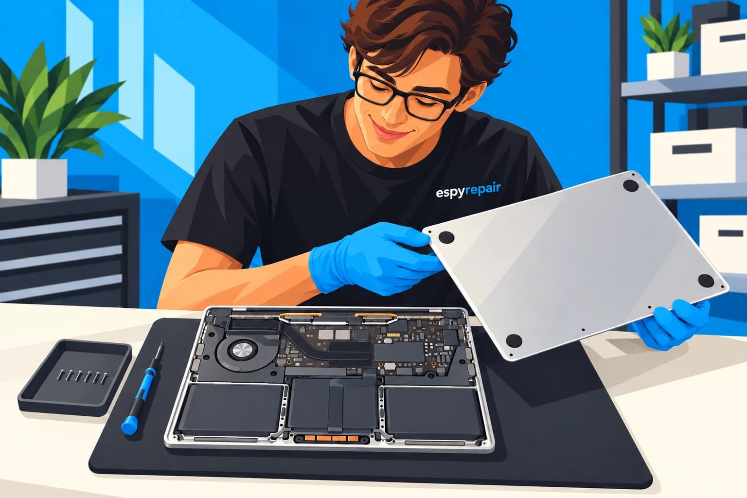Illustration of an Espy Repair technician removing the lower cover of a MacBook for inspection.