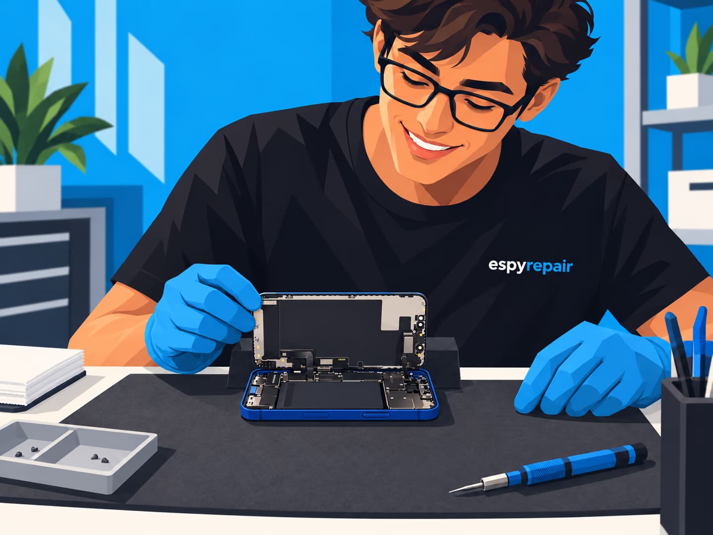 Illustration of an iPhone 12 with its display supported during repair.