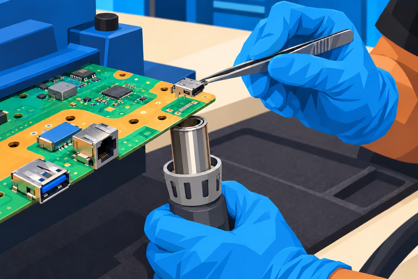 Illustration of a technician lifting a PS5 HDMI port with tweezers while applying hot air beneath the supported motherboard.