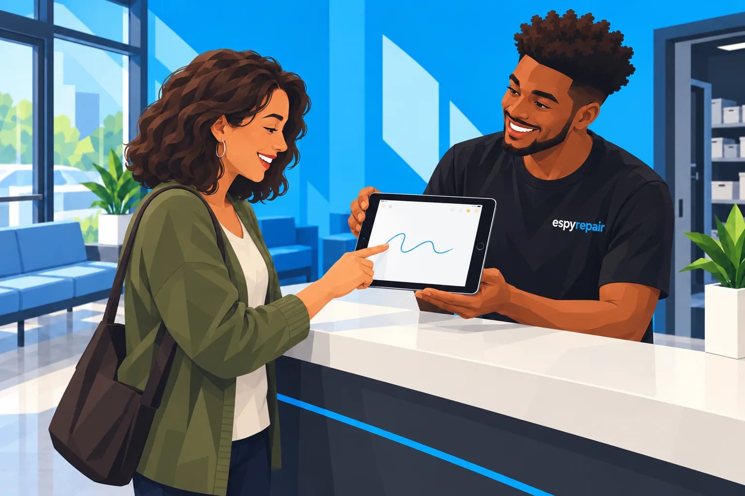 Illustration of a customer testing a repaired iPad 9th generation with an Espy Repair technician at the reception counter.