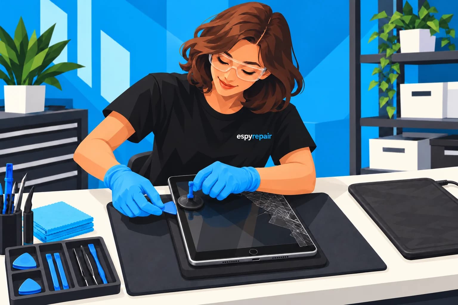 Illustration of an Espy Repair technician using a suction handle and opening pick at an iPad 9th generation screen edge.