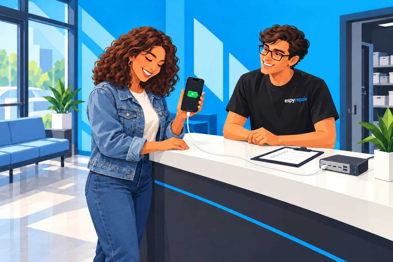 Illustration of a customer checking an iPhone connected to a charger with an Espy Repair technician at the service counter.
