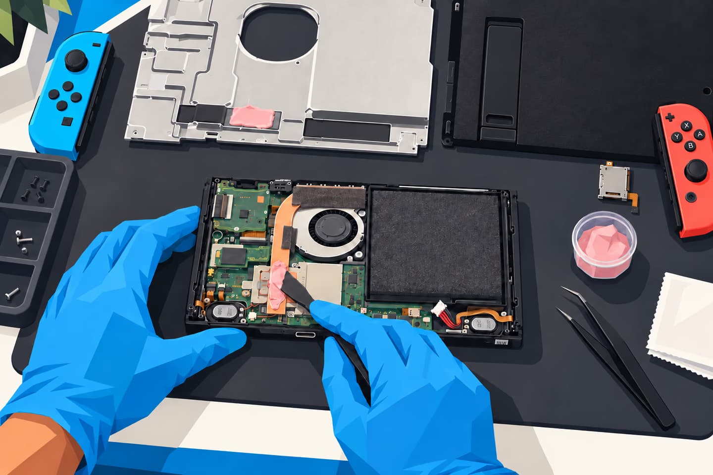Illustration of a technician renewing thermal putty on the installed copper heatpipe of an original Nintendo Switch.