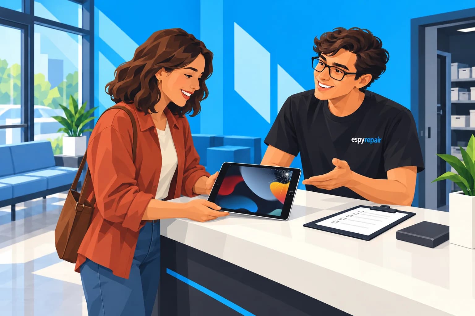 Illustration of a customer bringing a cracked iPad 9th generation to an Espy Repair technician at the reception counter.