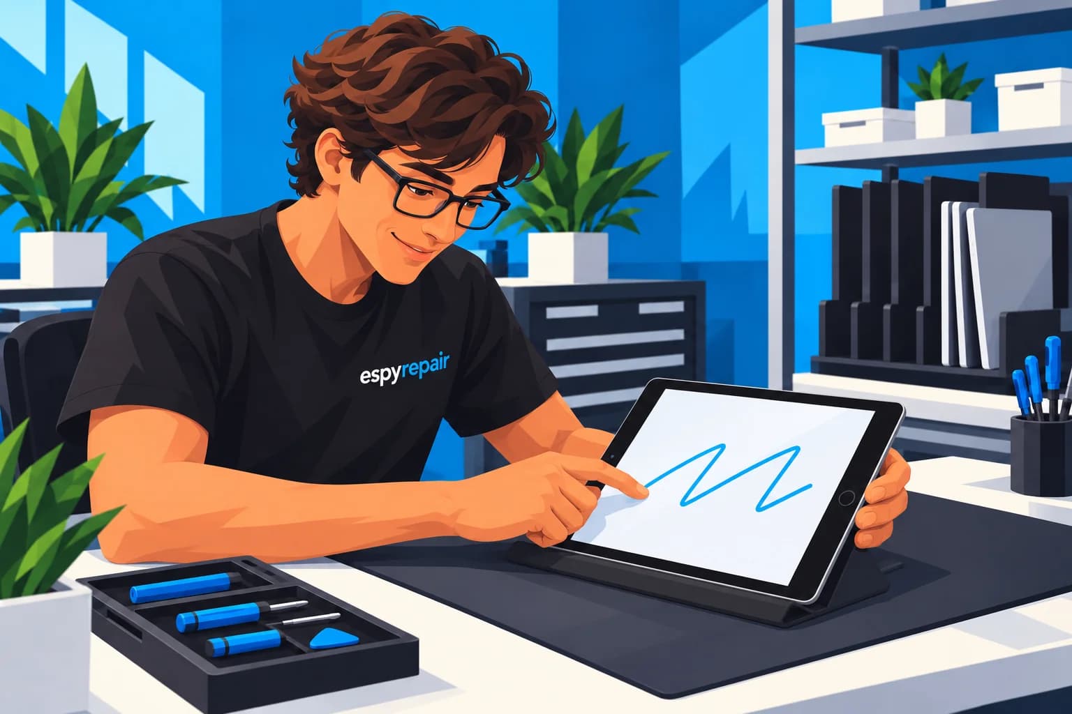 Illustration of an Espy Repair technician testing an iPad 9th generation touchscreen at the repair bench.